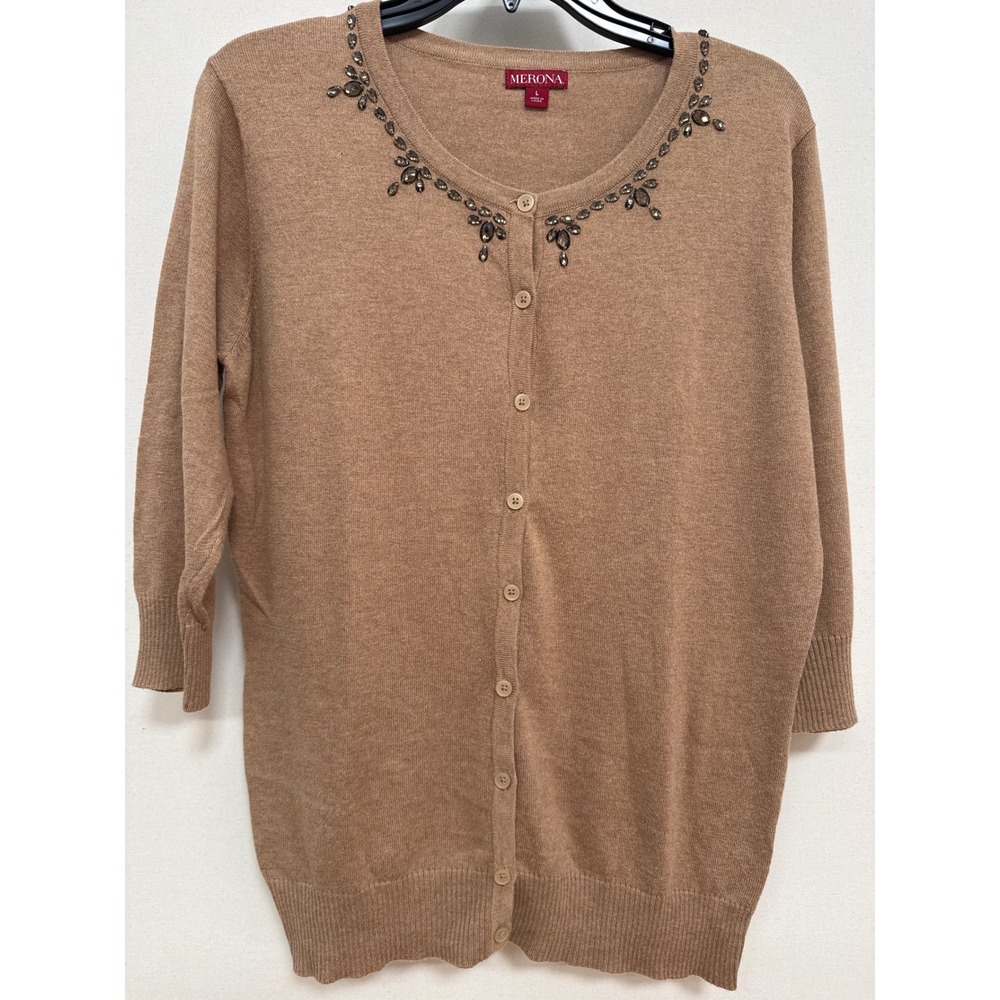 Merona Tan Cardigan Sweater Beaded Rhinestone Neckline 3/4 Sleeve Brown Large